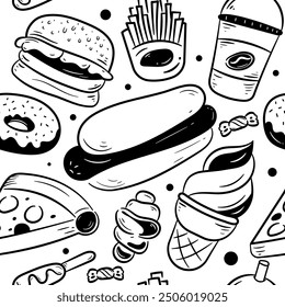 Dibujo de Doodle de esquema de comida rápida sin patrón. Ilustración de comida chatarra en patrón de boceto blanco y negro