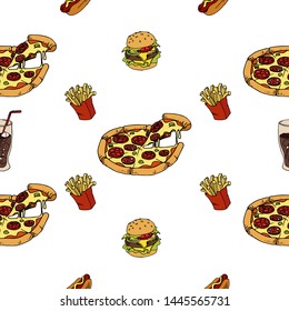 seamless pattern of fast food, pizza, hot dog, french fries for your menu