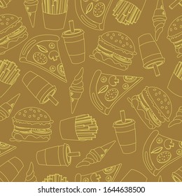 Seamless pattern of fast food  pizza, burger, soda, French fries and ice cream . Food illustration in flat and doodle style. Colorful icon for print for restaurant menu and paper napkin.