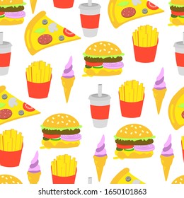 Patrón sin problemas de pizza de comida rápida, hamburguesa, refrescos, papas fritas y helados . Ilustración de la comida en estilo plano y de garabatos. Icono colorido para imprimir para el menú del restaurante y la servilleta de papel.