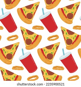 Seamless pattern with fast food. Pizza, onion rings and a drink in a paper cup. American street food in flat style. Vector illustration of a fast food cafe.