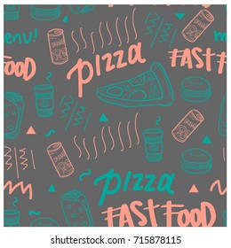 Seamless pattern fast food with pizza, bagel, soft drink and coffee doodle for background