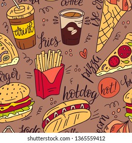 Seamless pattern of fast food products. Color illustration of a sketch of street food and cafe isolated on a dark background. Hand drawn illustration.