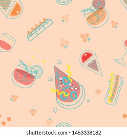 Seamless pattern of fast food products. Color illustration of a icon of street food and cafe isolated on a dark background. Tasty pictures of pizza, hot dog, ice cream, vine and cocktail.