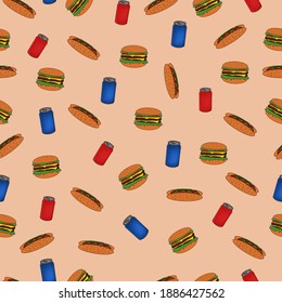 seamless pattern with fast food for a restaurant with a burger and a hot dog and a can of drink
