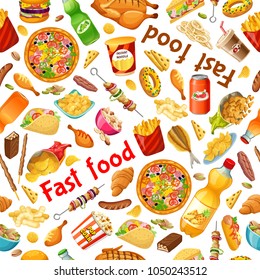 Seamless pattern fast food. Salted nuts, squid  rings, pop corn, cornflakes, corn  sticks, dried  fish, instant noodle, carbonated  drinks, chocolate bars, french fries. Vector illustration.