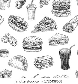 Seamless pattern with fast food in sketch style. Engraved hand drawn vector texture for fabric, wrapping, textile, isolated on white.