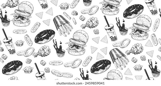 Seamless pattern with fast food. Sketch style french fries, sauce, chicken nuggets, burger, donut, onion rings, bubble tea, chips. Hand drawn collection of street food isolated in white background