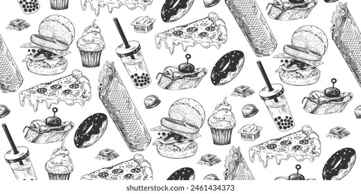 Seamless pattern with fast food. Sketch style shawarma, bubble tea, pizza, burger, chocolate, donut, cupcake, tapas. Hand drawn black and white background with street food. Engraved illustrations