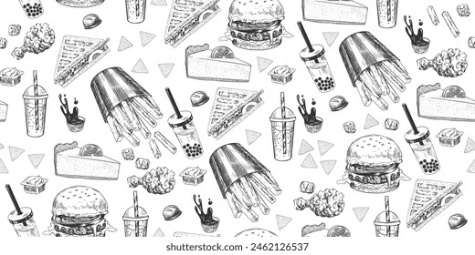 Seamless pattern with fast food. Sketch style french fries, cheesecake, bubble tea, burger, sandwich, chips, chicken nuggets, dipping sauce. Black and white hand drawn background with street food