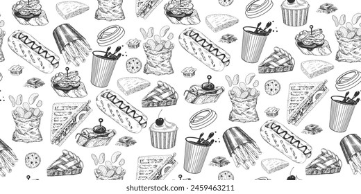 Seamless pattern with fast food sketches. Hand drawn french fries, hot dog, glass of coffee, ice cream, sandwich, bag of chips, khachapuri, apple pie. Set of street food isolated in white background