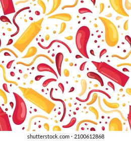 Seamless pattern with fast food and splashes of mustard and ketchup in plastic bottles for sauces in a flat style isolated on a white background