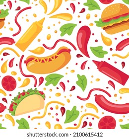 Seamless pattern with fast food and splashes of mustard and ketchup in plastic bottles for sauces in a flat style isolated on a white background