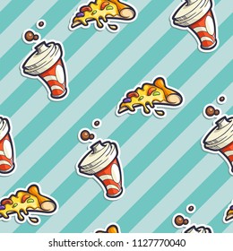 Seamless pattern with fast food stickers in retro comics style. Vector hand drawn illustrations of pizza and cup with drink.