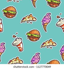 Seamless pattern with fast food stickers in retro comics style. Vector hand drawn illustrations of burger, ice cream, pizza and cup with drink.