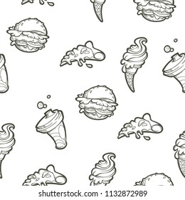 Seamless pattern with fast food stickers in retro comics style. Vector hand drawn illustrations of burger, ice cream, pizza and cup with drink.