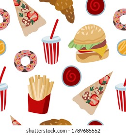 Seamless pattern with fast food such as hamburger, donuts and cola. Vector cartoon flat illustration.