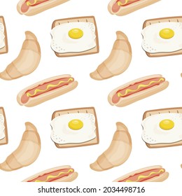 Seamless pattern with fast food. With toast and egg, croissant and hotdog. Vector background with cartoon delicious elements.