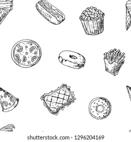 Seamless pattern of fast food. Vector cartoon background. Hand-drawn style.