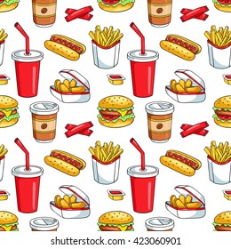Seamless pattern with fast food. Vector sketch background. On the white.