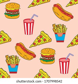 Seamless pattern, fast food, white background, vector illustration