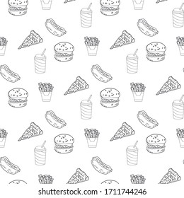 Patrón sin problemas, comida rápida, fondo blanco, ilustración vectorial