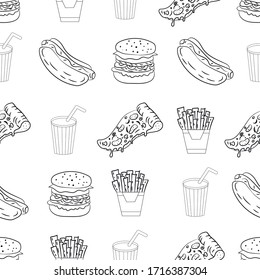 Seamless pattern, fast food, white background, vector illustration