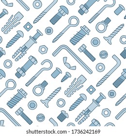 Seamless pattern of fasteners. Bolts, screws, nuts, dowels and rivets in doodle style. Hand drawn building material. Color vector illustration on white background