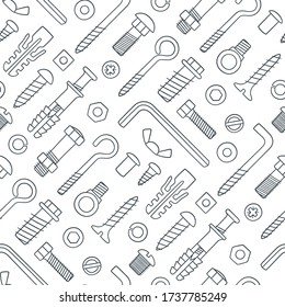 Seamless pattern of fasteners. Bolts, screws, nuts, dowels and rivets in doodle style. Hand drawn building material. Black and white vector illustration on white background