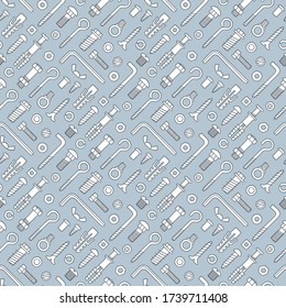 Seamless pattern of fasteners. Bolts, screws, nuts, dowels and rivets in doodle style. Hand drawn building material. Vector illustration on gray background