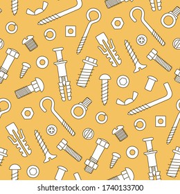 Seamless pattern of fasteners. Bolts, screws, nuts, dowels and rivets in doodle style. Hand drawn building material. Vector illustration on orange background