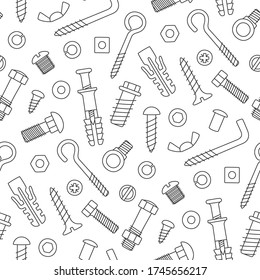 Seamless pattern of fasteners. Bolts, screws, nuts, dowels and rivets in doodle style. Hand drawn building material. Black and white vector illustration on white background