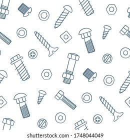 Seamless pattern of fasteners. Bolts, screws and nuts in doodle style. Hand drawn building material. Vector illustration on white background