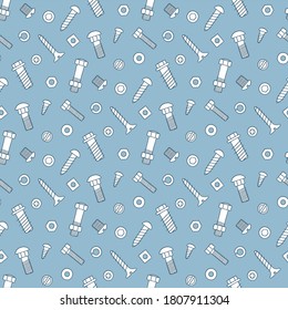 Patrón de fijadores sin foco. Tornillos, tornillos y tuercas en forma de doodle. Material de construcción dibujado a mano. Ilustración de vector de color