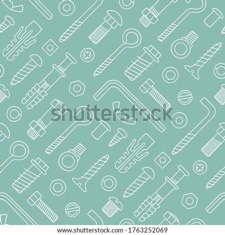 Seamless pattern of fasteners. Bolts, screws, nuts, dowels and rivets in doodle style. Hand drawn building material. Vector illustration