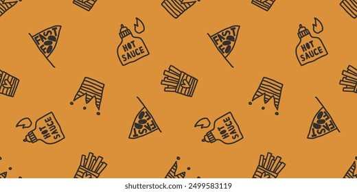 Patrón sin fisuras de comida rápida, salsa picante, papas fritas. Ilustración vectorial doodle. Plantilla para las cubiertas del cuaderno, modelo para los Fondos de pantalla, para el café, restaurante de comida rápida. Arte vectorial dibujado a mano. comida chatarra