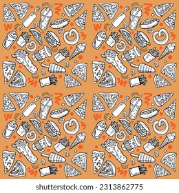 Seamless pattern fastfood meal include pizza, ice-cream, coffee, french fries, burgers