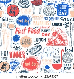 Seamless pattern with fastfood symbols. Vector Illustration with funny food lettering labels on white background. Decorative elements for your packing design. Multicolor decor.