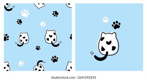 Seamless pattern with fat cat and paw print on blue background. Cat cartoon and paw prints icon set on blue background vector.
