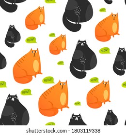 Seamless pattern with fat cats in cartoon style. Funny animal characters. Vector background template.