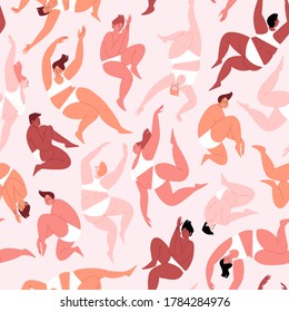 Seamless Pattern. Fat Women With Closed Eyes In Relaxed Poses Wearing Underwear. Calm And Chill Vibe. Body Positive Flat Illustration