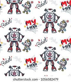 Seamless pattern, Father and son robot cartoon isolated on white background illustration vector, T-Shirt design for kids.