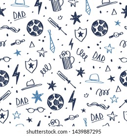 Seamless Pattern Of Fathers Day. Dad Champion. Hand Drawn Icons Set On White Background. Vector Illustration.