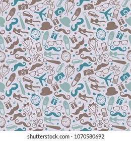 Seamless pattern of Fathers day. Flat set icons on grey background.