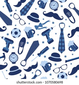 Seamless pattern of Fathers day. Flat set icons on white background.