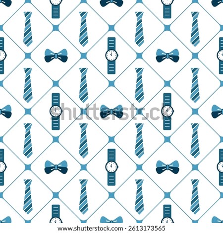 Seamless pattern for Father's Day. Simple vector illustration as a tile with a tie, bow tie and clock on a white background. Perfect for wrapping paper, wallpaper, textiles and decor.
