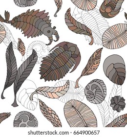Seamless pattern with Fauna of Neoproterozoic and Paleozoic Era. isolated on white background. Anomalocaris, Vendia, Dickinsonia, Charnita, Trilobita.