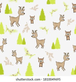 Seamless pattern with a fawn on a green forest background. Children's background with a deer for printing on clothing and fabric.