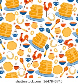 Seamless pattern for feast of Maslenitsa or Shrovetide, flat vector illustration on white background. Endless decorative texture with pancakes and lollipops.