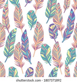 Seamless pattern feather abstract isolated decoration. Boho rustic style. Vector illustration.